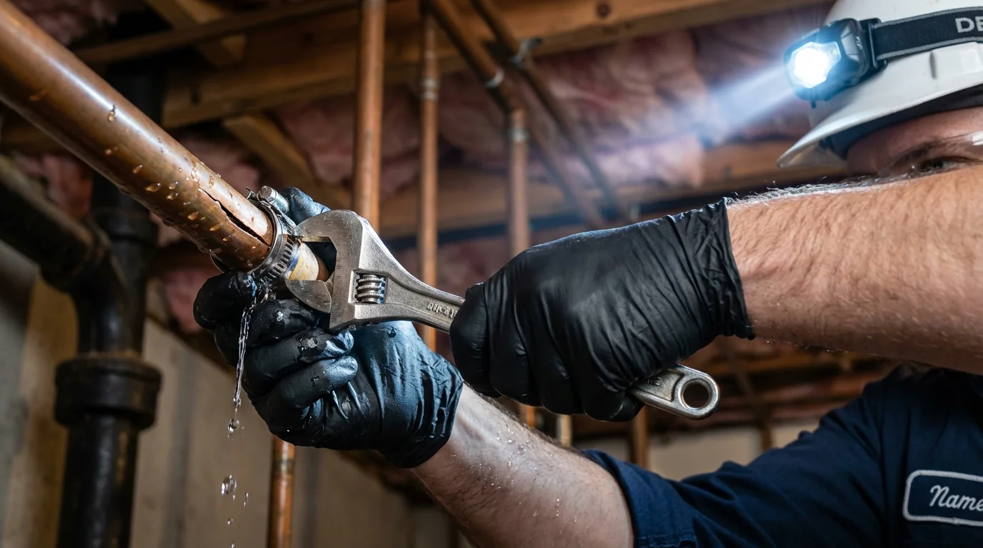Emergency pipe clamp repair being performed by a Johns Plumbing LLC plumber in Bloomingdale