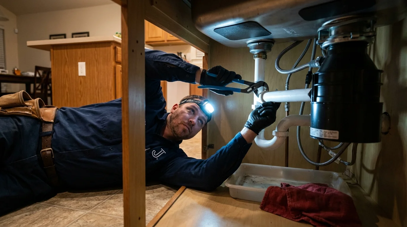 P-trap and supply line connections under a kitchen sink showing a common leak point in Bloomingdale, GA